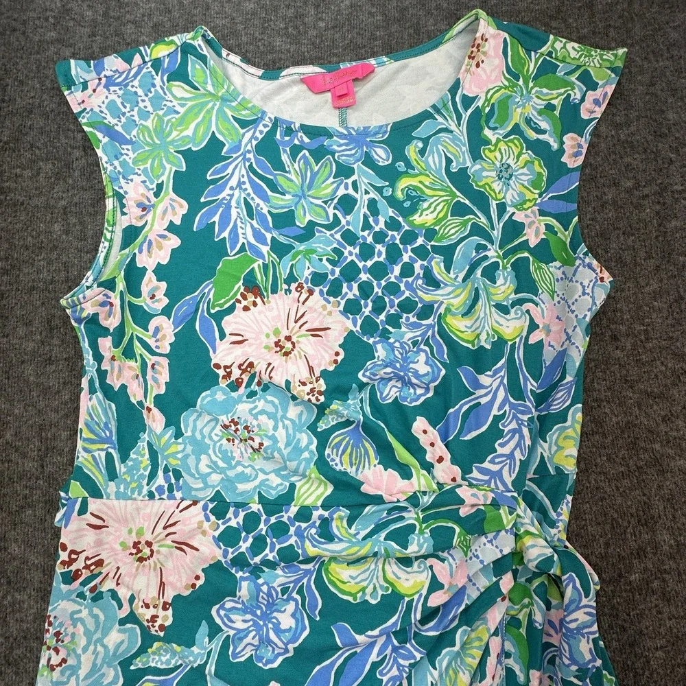 Lilly Pulitzer Wrap Dress Medium Floral Teal Pink‎ Cap Sleeve Stretch - Picture 6 of 9